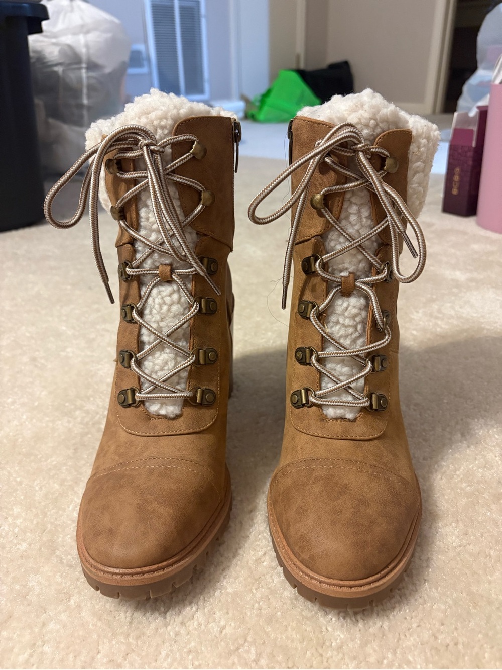 Nine West Tan Lace-Up Sherpa and Suede Winter Ankle Boots